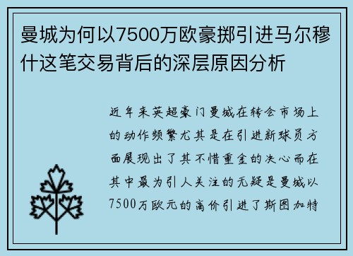 曼城为何以7500万欧豪掷引进马尔穆什这笔交易背后的深层原因分析